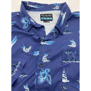 Scales Shirt 3XL Blue Fish/Boat Print Vented Button Up Short‎ Sleeve Mens